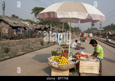 Fruit Stand on a Train Platform in Calcutta, West Bengal, India Stock Photo