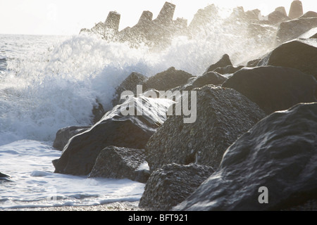 Waves Crashing on Rocks, Bovbjerg, Jylland, Denmark Stock Photo
