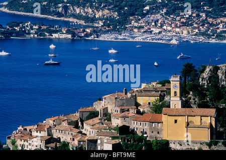 The medieval coastal village of Eze and the Cap Ferrat in the background Stock Photo