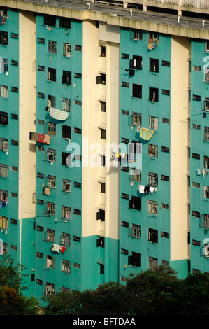 Washing or Laundry Hanging from Low-Cost Housing, Tower Blocks, High Rises, Flats, Apartments or Apartment Blocks, Singapore Stock Photo