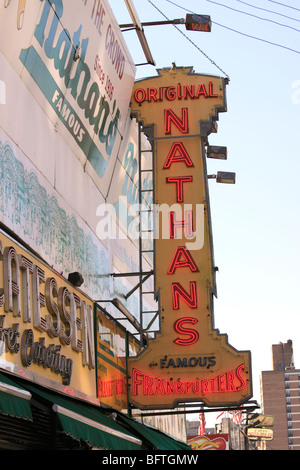 The sign in front of the original Nathan's Famous Hot Dog stand and restaurant, Coney Island, Brooklyn, NY Stock Photo