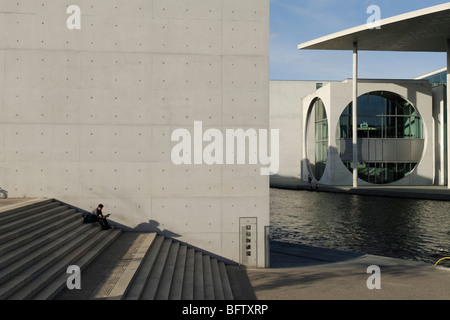 Berlin. Germany. Band des Bundes Government Ministries complex straddles the River Spree. Stock Photo