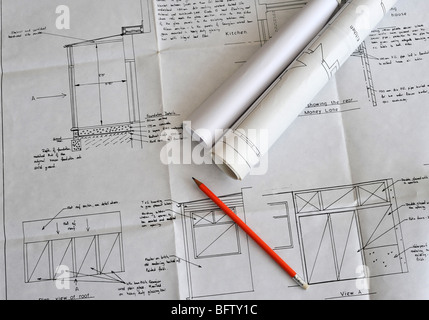 House extension construction building plans with pencil. Stock Photo