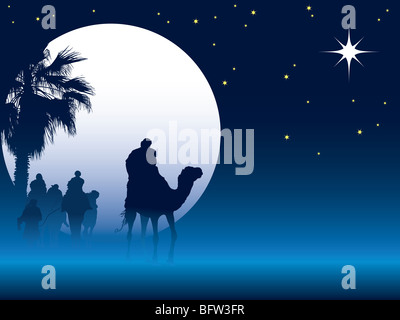 Nativity scene with wise men on camels going through the desert Stock Photo