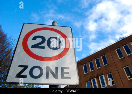 british road sign indicating a 20mph zone, in kingston upon thames, surrey, england Stock Photo