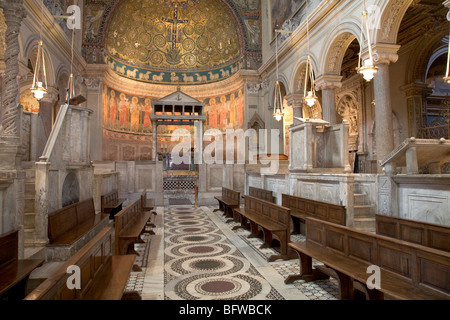 Basilica San Clemente Nave And 12th Century Fresco Of the Cross Rome Italy Stock Photo