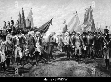 Print showing the surrender of Lord Cornwallis to George Washington and French forces following the siege of Yorktown in 1781. Stock Photo