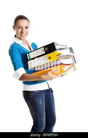 Beautiful female student holding folders isolated on white Stock Photo