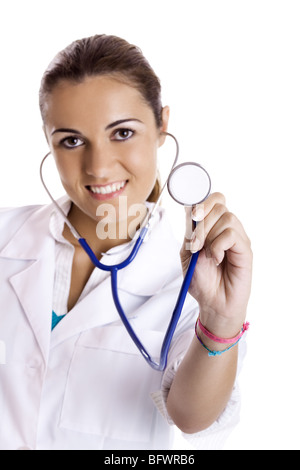 Beautiful female nurse with stethoscope isolated on white background Stock Photo