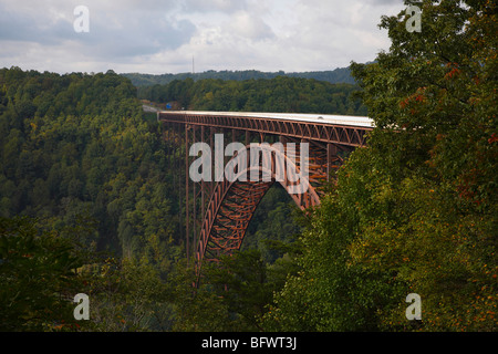 New River Gorge Bridge in West Virginia in USA  nobody from above top view overhead landscape clodscape green nature is nspiration  hi-res Stock Photo