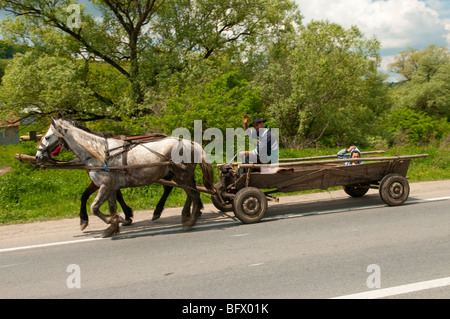 Roma Gypsy's on horse and cart in Rupea Romania Eastern Europe Stock Photo