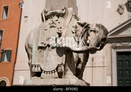 The Pulcino della Minerva, a famous Bernini elephant sculpture, a base supporting one of the eleven Egyptian obelisks in Rome. Stock Photo