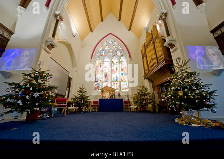 Burley in Wharfedale Methodist Church, Christmas tree festival. Stock Photo