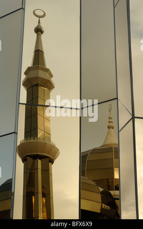 Distorted or Contorted Mirror Reflections of Dome & Minarets of All-Glass Crystal Mosque (2006-2008), or Masjid Kristal, Kuala Terengganu, Malaysia Stock Photo