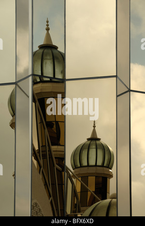 Distorted or Contorted Mirror Reflections of Dome & Minarets of All-Glass Crystal Mosque (2006-2008), or Masjid Kristal, Kuala Terengganu, Malaysia Stock Photo