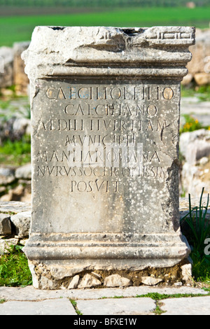 Inscription on ruins at Volubilis in Morocco Stock Photo