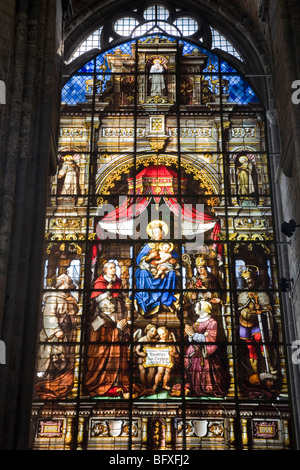 Stained Glass Window, St Niklaaskerk - Nicholas Church, Ghent, Belgium, Europe Stock Photo