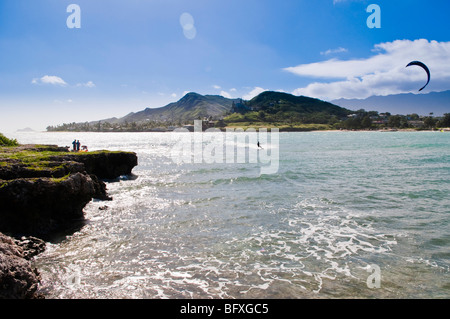 Woman kitesurfing in Kailua Bay, Oahu, Hawaii Stock Photo