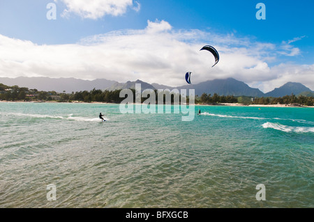 Woman kitesurfing in Kailua Bay, Oahu, Hawaii Stock Photo