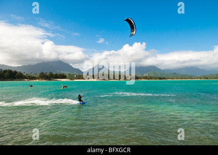 Woman kitesurfing in Kailua Bay, Oahu, Hawaii Stock Photo