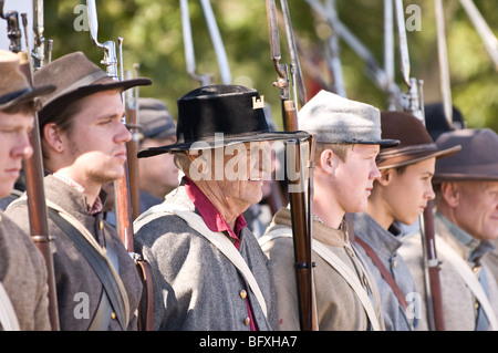 Scenes from a Civil War re-enactment of the Battle of Gettysburg, Confederate soldiers lined up at attention. Stock Photo