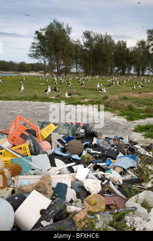Marine debris brought to Midway Atoll by ocean currents, collected to be shipped off island for recycling or disposal Stock Photo