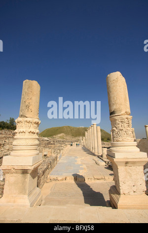 Israel, Beth Shean valley. Ruins of the Roman-Byzantine city Scythopolis, Tel Beth Shean is in the background Stock Photo