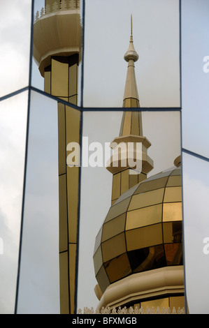 Distorted or Contorted Mirror Reflections of Dome & Minarets of All-Glass Crystal Mosque (2006-2008), or Masjid Kristal, Kuala Terengganu, Malaysia Stock Photo