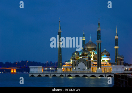 The Transparent All-Glass Crystal Mosque (2006-2008) or Masjid Kristal, Lit at Night, on Wan Man Island, Kuala Terengganu, Malaysia Stock Photo