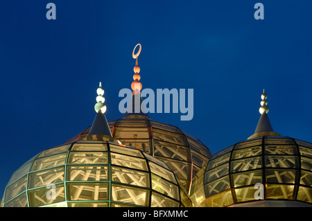 Transparent Lit Glass Domes of the All-Glass Crystal Mosque, or Masjid Kristal, at Night, Kuala Terengganu, Malaysia Stock Photo