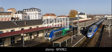 A High-Speed Train in the Vichy railway station (Allier - Auvergne - France). TGV Duplex en gare SNCF de Vichy (Allier - France) Stock Photo