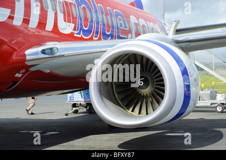 Engine of a modern Pacific Blue/Virgin Australia Boeing 737-800 plane; jet engine; aircraft; turbojet; turbofan; aeroplane engine nacelle; airplane Stock Photo