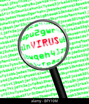 Magnifying glass locating a virus in computer machine code Stock Photo