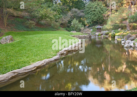 Tranquil pond in a Japanese Garden from the Huntington Library and Botanical Gardens. Stock Photo