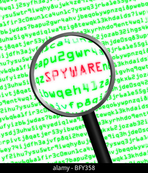 Magnifying glass locating spyware in computer machine code Stock Photo