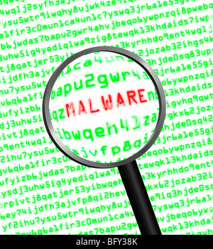 Magnifying glass locating malware in computer machine code Stock Photo