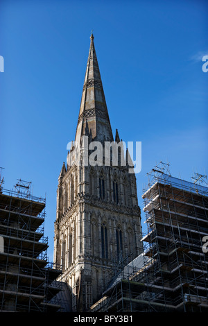 Salisbury Cathedral, Wiltshire, UK under repair and restoration with scaffolding visible Stock Photo