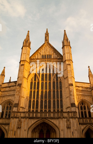 View of the West Front of Winchester Cathedral in Hampshire England UK showing the large stained glass windows Stock Photo