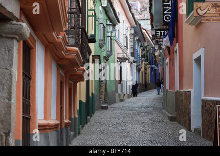 Colonial architecture in Calle Jaen , the best preserved colonial street in La Paz , Bolivia Stock Photo