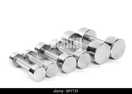 Set of shiny chrome dumbbells isolated on white background Stock Photo