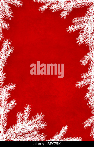 Red Christmas background framed with white coniferous tree branches Stock Photo