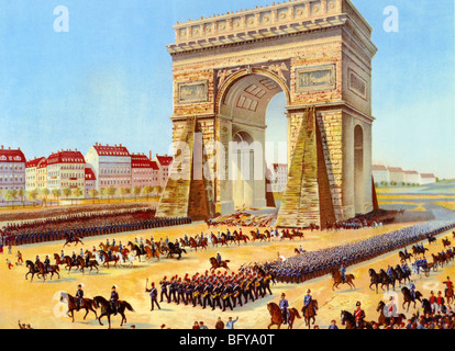 FRANCO-PRUSSIAN WAR - Victorious German troops march past the Arc de Triumph in Paris on 28 January 1871