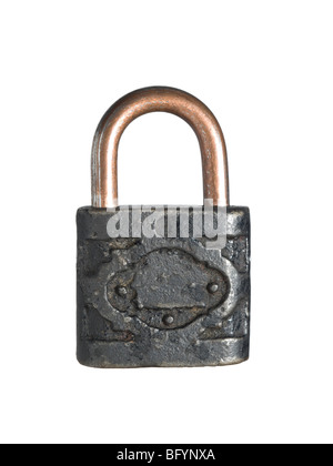 An old and rusty lock isolated on white background. Stock Photo