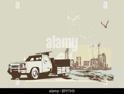 vector illustration of vintage truck on the grunge urban background Stock Photo