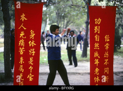 A group of people doing tai chi early in the morning at a small neighborhood park in Beijing, China Stock Photo