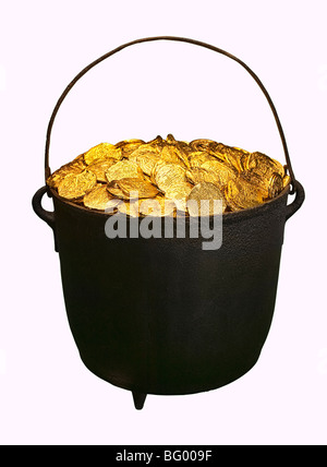 Caldron full of gold coins against a white background Stock Photo