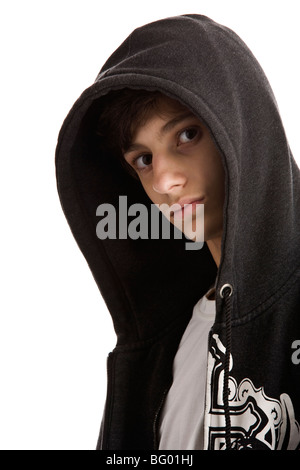 Young man wearing hooded sweatshirt isolated on white background Stock Photo