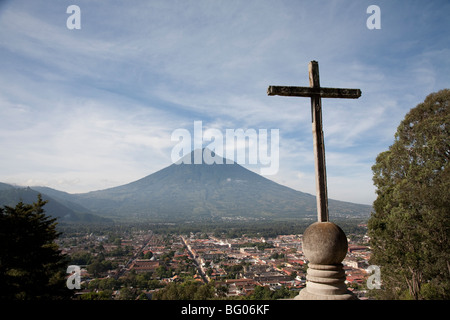 Volcan Agua and the landmark Cerro de la Cruz viewpoint and view over Antigua Guatemala. Stock Photo