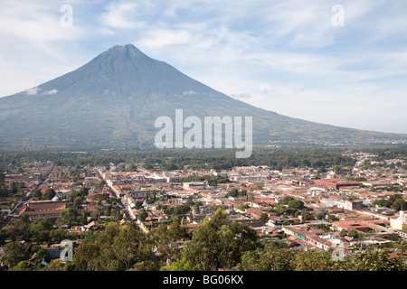 Volcan Agua seen from the cerro de la cruz viewpoint and view over Antigua Guatemala. Stock Photo