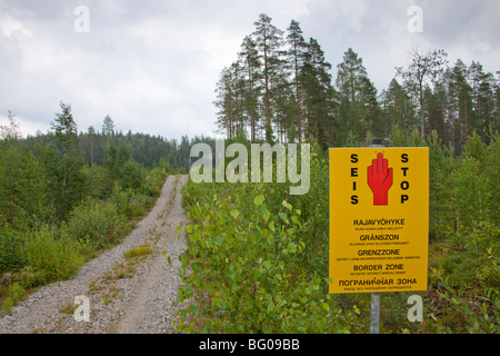 Boundary sign between the borders of Finland and Russia in Karelia. Stock Photo